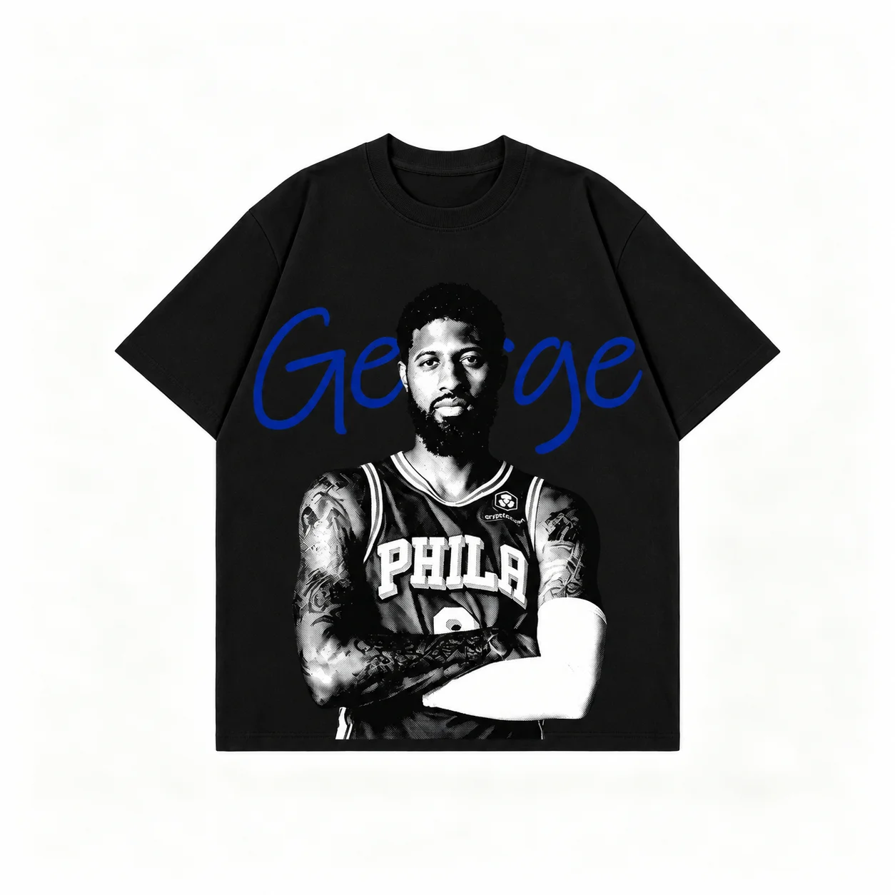 Modern Basketball Streetwear Aesthetic Paul George Phila Portrait Script Overlay Graphic Print Cotton Unisex Crew Neck T-Shirt
