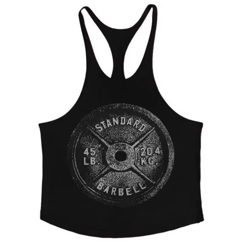 2026 Men's Gym Tank Top Barbell Plate Print Cotton Breathable Stringer Vest For Bodybuilding Weightlifting Training