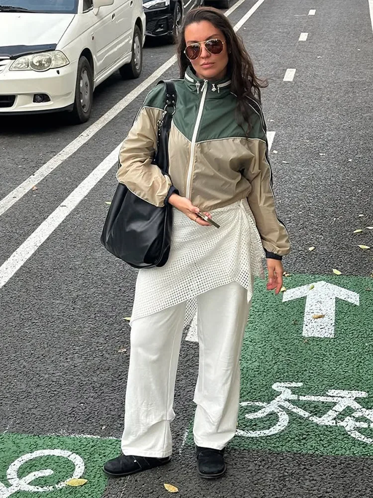 Chic Color Block Women 2Pcs Set Hooded Zip Up Cropped Jacket Drawstring Hem Track Pants Elastic Waist Jogger Trousers Daily Stre