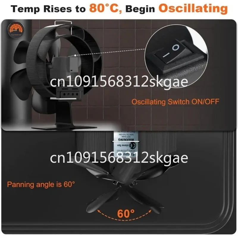 Easywave Oscillating Wood Stove Fan: Fireplace Fan with Wood Stove Magnetic Thermometer - 6 Blades Heat Powered Stove Fan