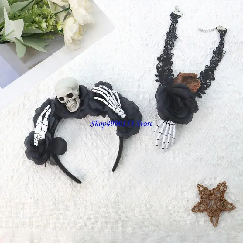 Q0KE Halloween Skull Floral Headband Gothic Party Hair Accessory For Women Men Kids