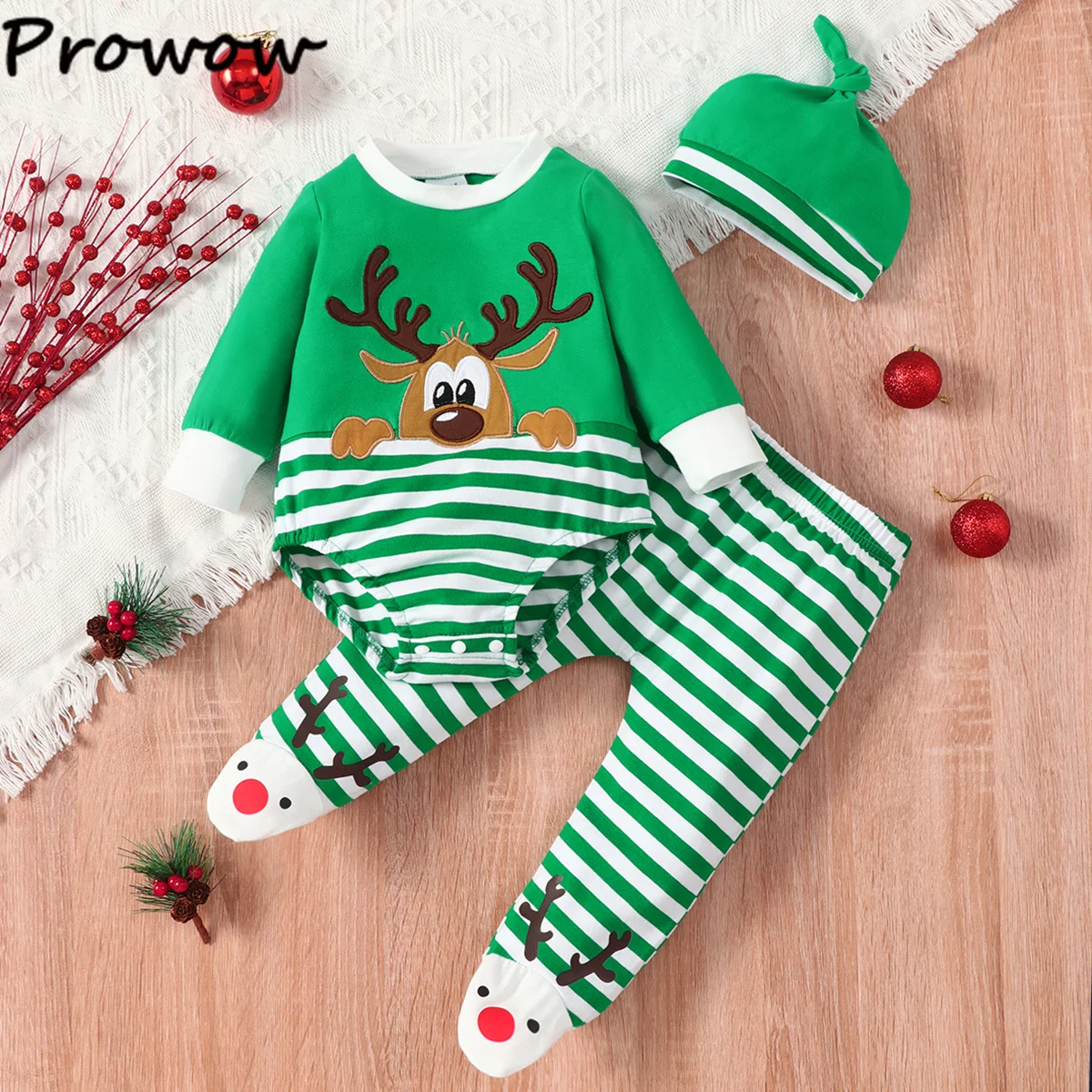 Prowow Baby Christmas Outfits Cartoon Deer Bodysuit and Stripes Footies Pants+Xmas Hat My First Christmas Baby Costume Boys Girl