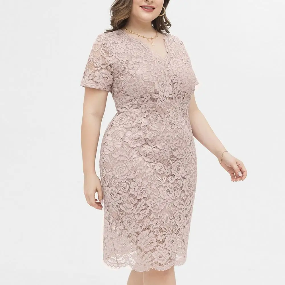 Vestido elástico de encaje para mujer, prenda elegante con cuello en V, bordado Floral, doble capa hasta la rodilla, talla grande, fiesta de graduación y banquete