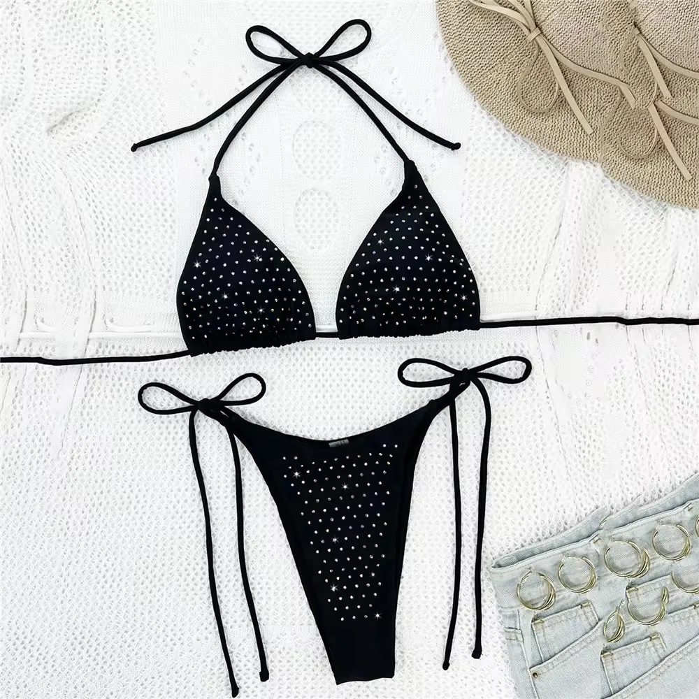 Sexy Diamond Shiny Swimwear Halter Triangle String Bikini Micro Extremo Thong Swimsuit Women Bathing Suit Bikinis Set 2024 Mujer