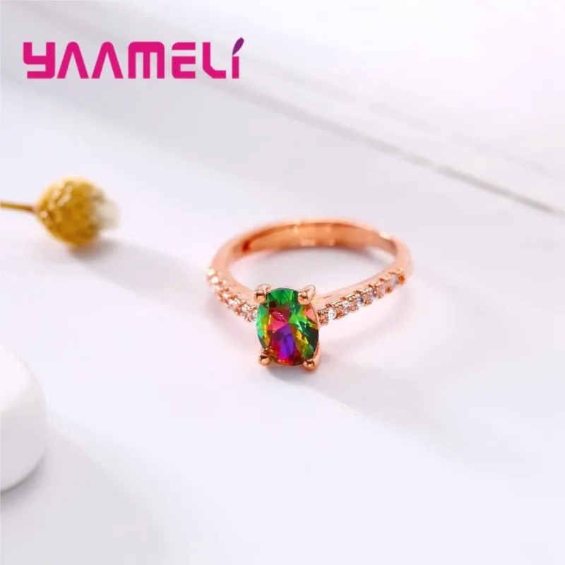 Luxury Genuine 925 Sterling Silver Magical Opal Finger Rings Rose Gold Color Oval Furong Stone Crystal Elegant Open Ring