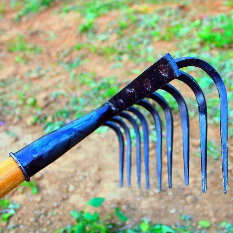 New Small Agricultural Nail Rake Multi-functional Manual Forging Rake Grass Loose Soil Flat Steel Vegetable Garden Nine-tooth N