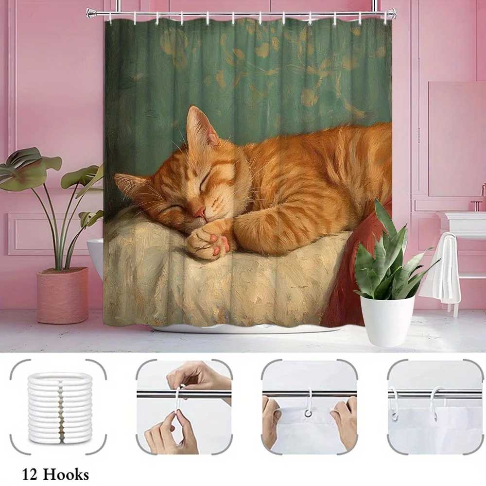 2D Flat, 2D Flat 1pc of Simulated Oil Painting Shower Curtain- Ginger-colored Spotted Cat Sleeping on a Pink Rug, Made of, with