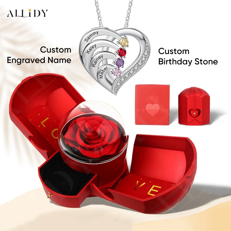 

Personalized Custom Engraving Name Birthday Stone Pendant Necklace with Real Rose Drawer Jewelry Box Mothers Day Gifts for Women