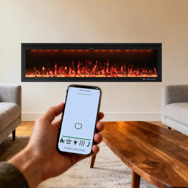 

60 Inch LED Electric Fireplace Heater Recessed Wall-Mounted Smart WiFi Control Alexa Google Home CE Certified Household Use 499