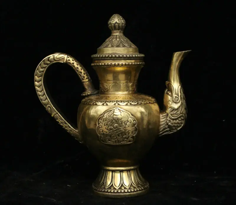 

Tibet Buddhism Brass Bronze Beast 8 Auspicious Symbol Wine Tea Pot Flagon Statue