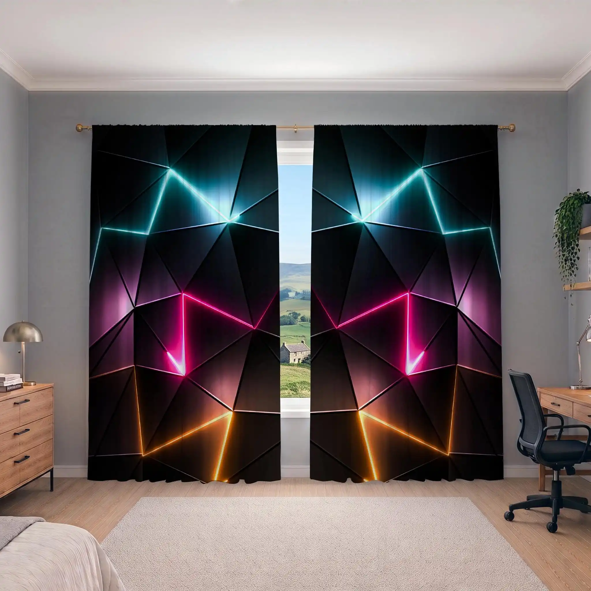 Modern Geometric LED Light Panel Curtains Black Room Decor Window Drapes for Living Room Bedroom