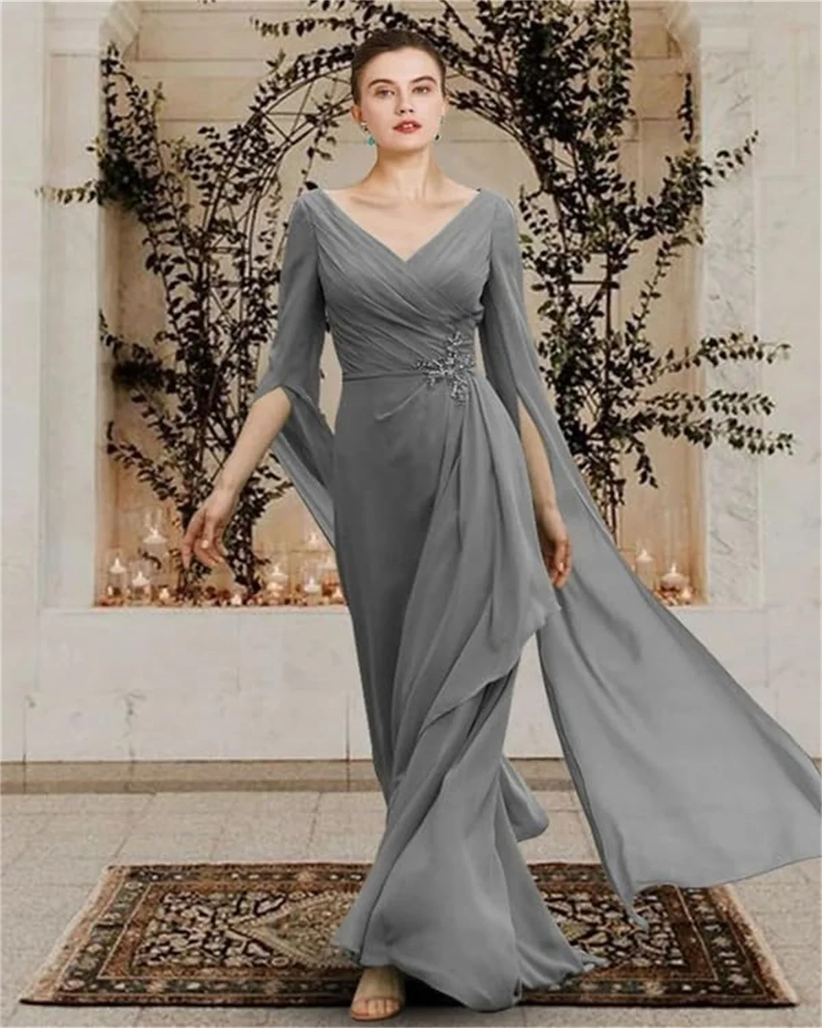 

Customized V-Neck Chiffon Mother Of The Bride Dresses For Women Split Flare Sleeves Bead Wedding Guest Gown A Line Formal Dress