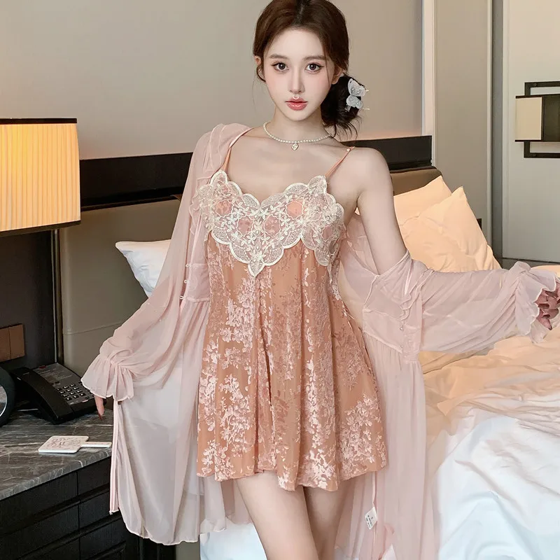 Mesh Nighty&Robe Set Nightgown Sexy Lace Nightgown Lingerie Summer Women Sleepwear Nightdress Rayon Homewear