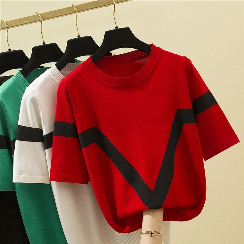 2025 Summer Short Sleeve Tshirt For Women Casual O Neck Knitted T Shirts Pullovers Tees Lady Knitwear Bottoming Tops Mujer