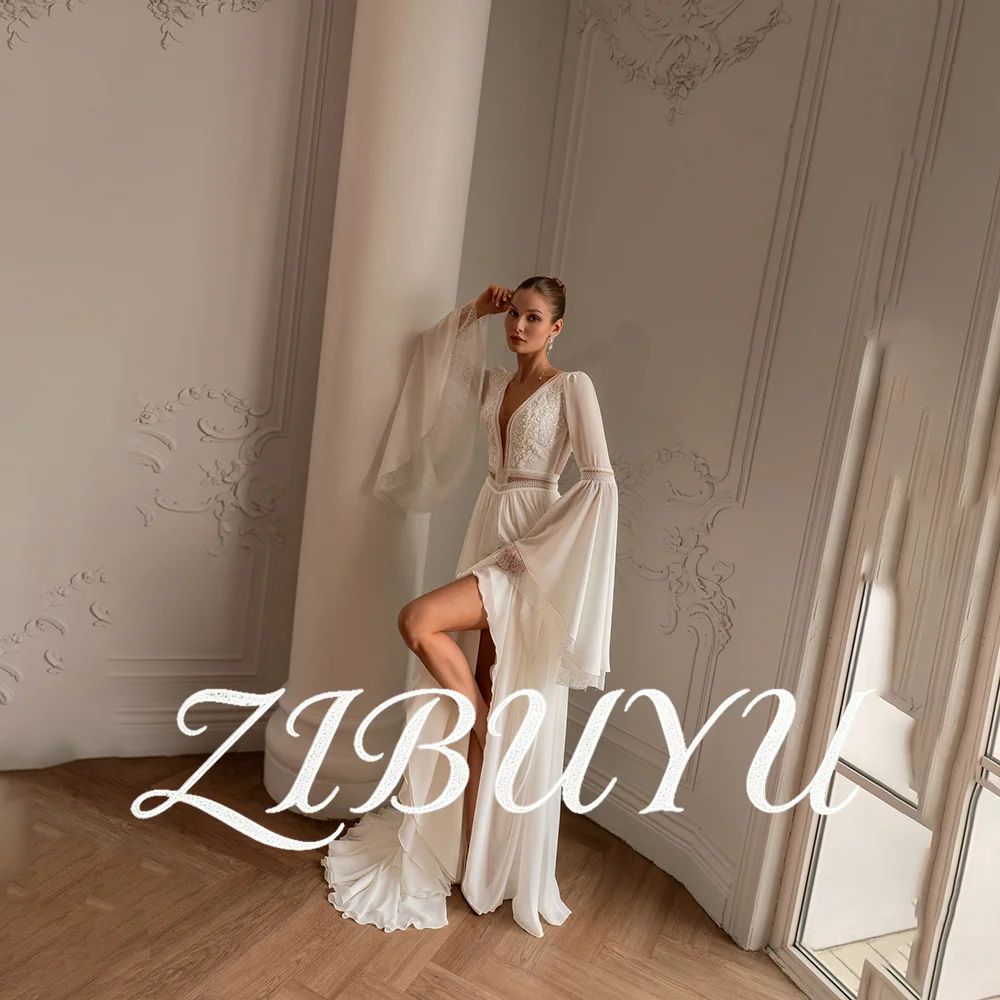 

ZIBUYU Customized A-Line Boho Wedding Dress V Neck Bell Sleeves Lace Appliques Bodice Chiffon Skirt High Side Slit Brida Gowns