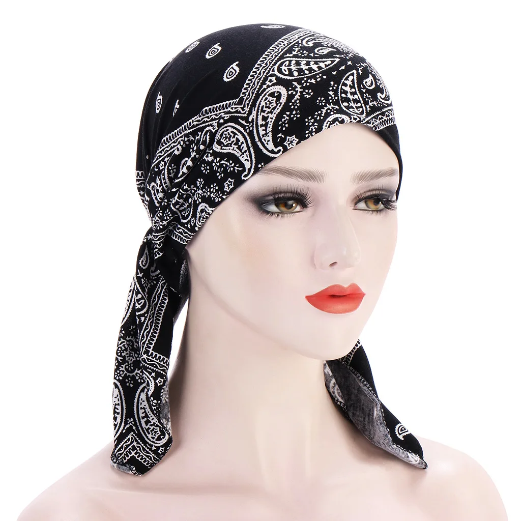 Trendy Flower Paisley Print Turban Hats Boho Long Tail Head Wraps Elastic Hijab Hats Breathable Chemo Cap For Women Girls