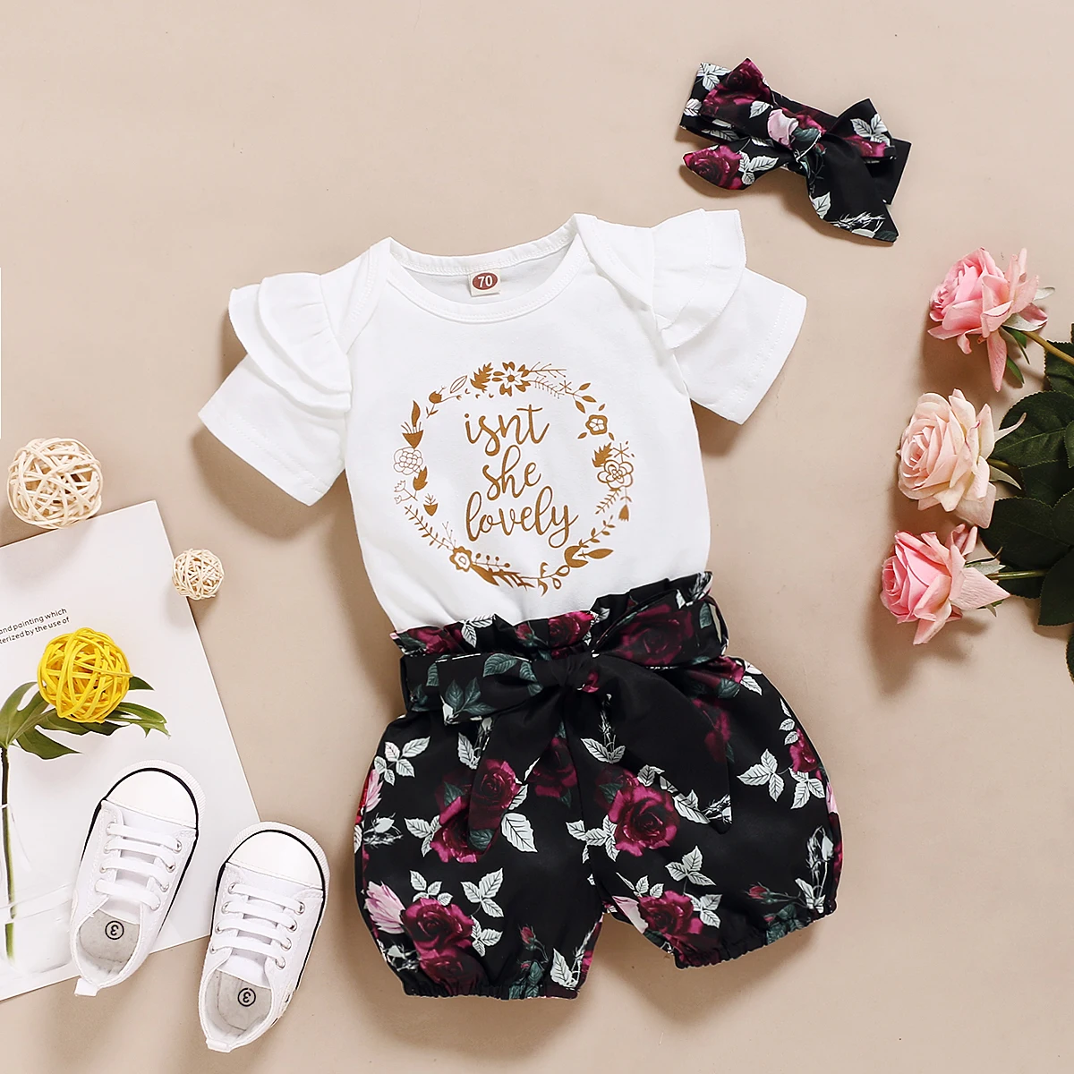 Newborn Baby Girls Summer Clothes Set Short Sleeve Romper+Floral Shorts with Bowknot Headband 3Pcs Outfits Set for 0-18 Months