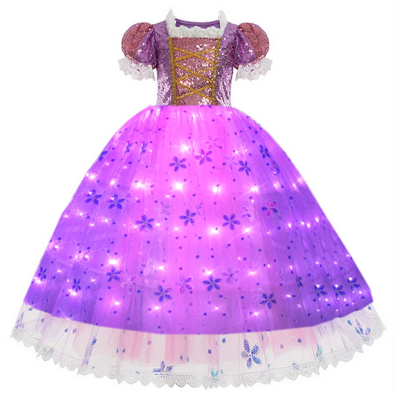 Girls Rapunzel Princess LED Dress Child Carnival Fancy Birthday Party Dresses Kids Performance Clothing Princess Costume