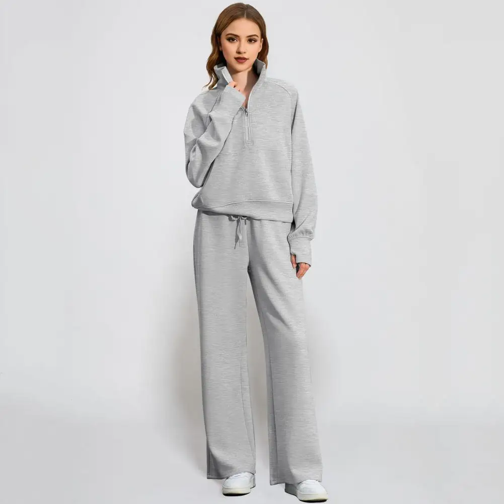

2 Pcs/Set Women Top Pants Set Turn-down Collar Long Sleeves Sweatshirt Elastic Waist Wide Leg Sweatpants Tracksuit Sport Outfit