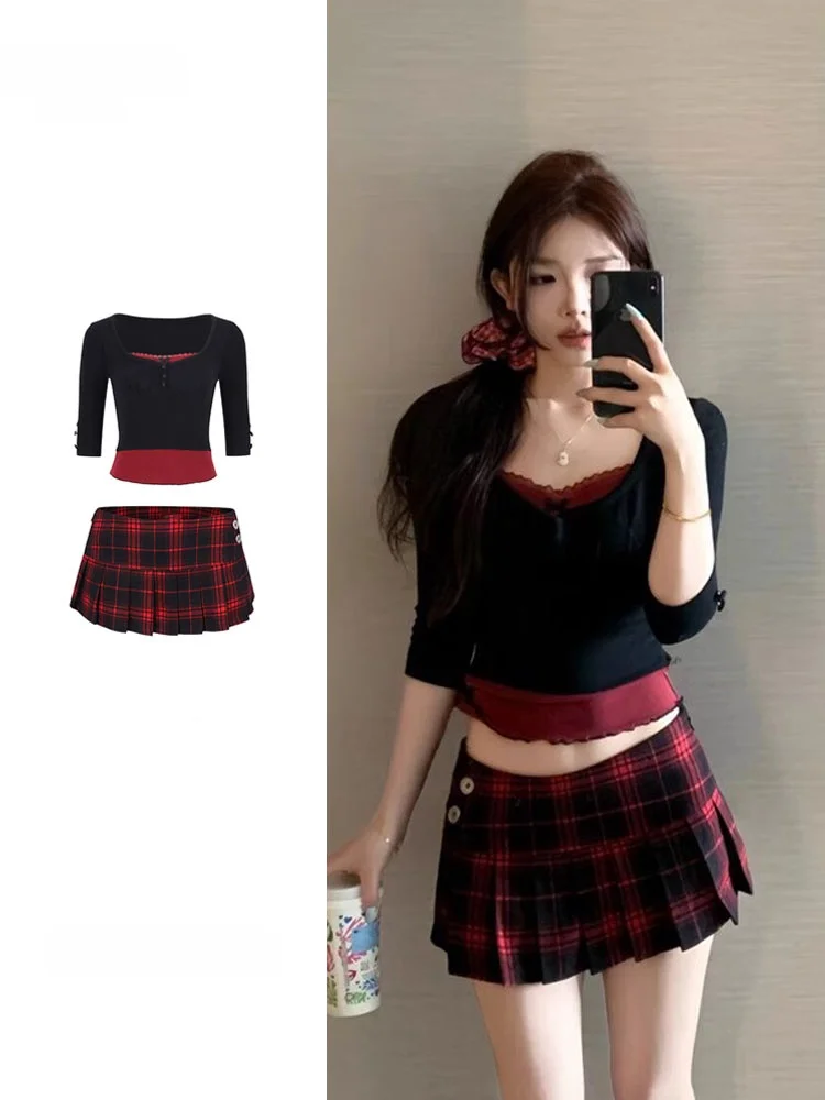plus Size American Retro JK Low Waist Plaid Ultra  Skirt Women Summer New Spicy Leg Lengthening a Line Pleated Half Skirt