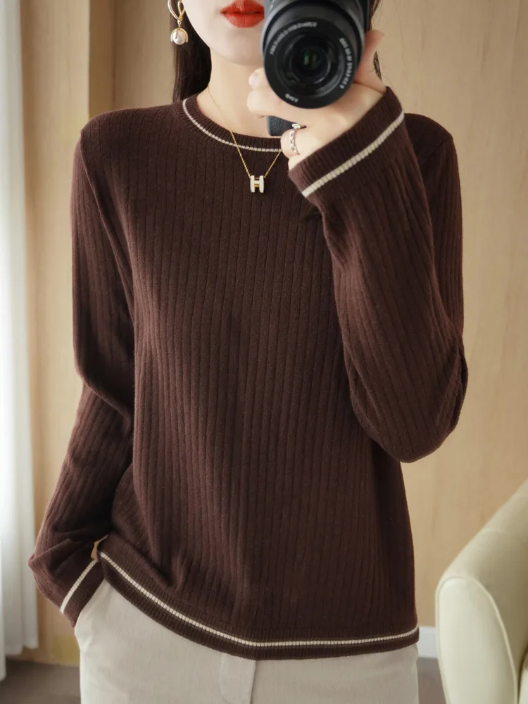 Autumn Winter New Wool Blend Sweater Woman Color Contrast O-Neck Pullover Casual Knitted Strip Drawing Tops Female Loose Sweater