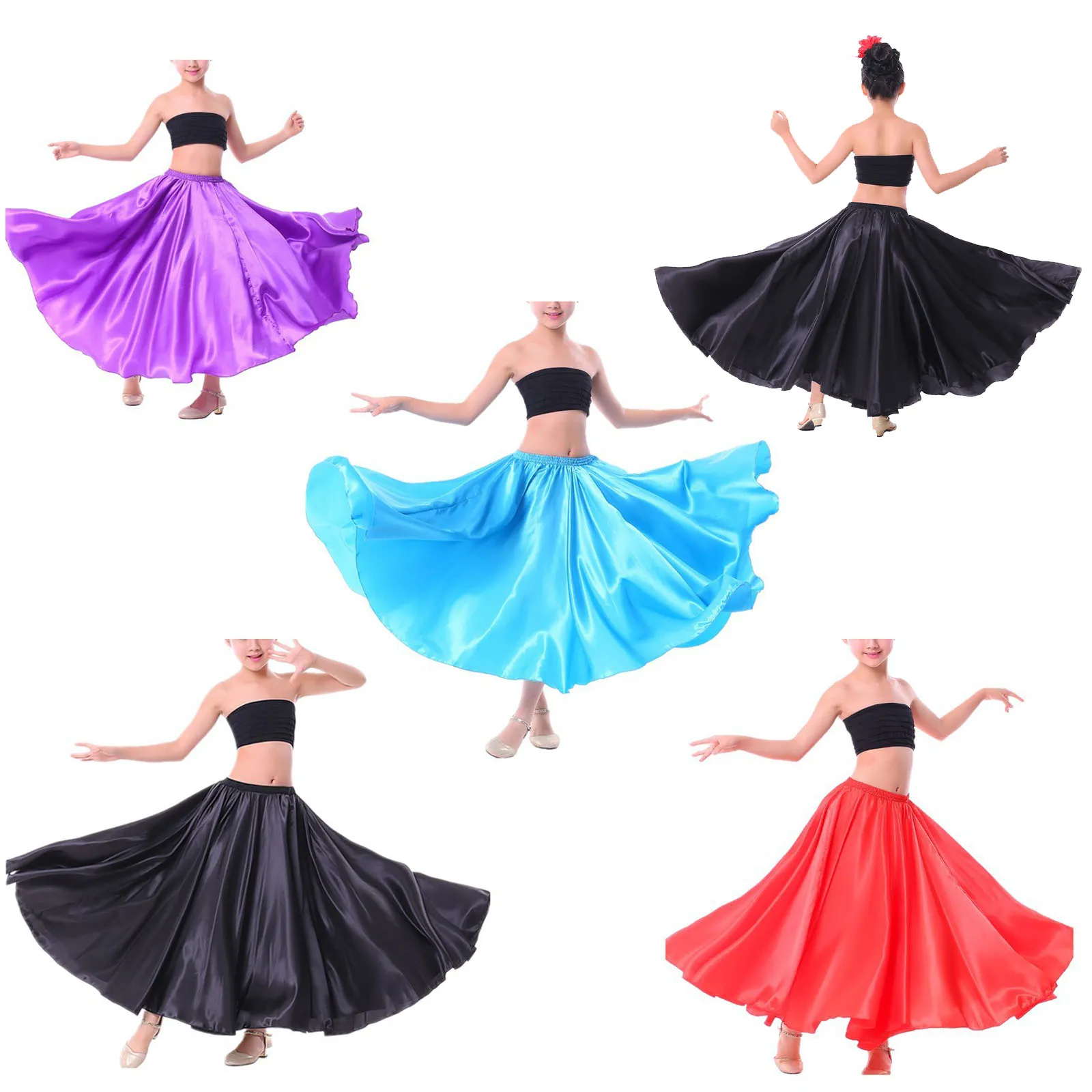 Kids Gypsy Girls Spanish Flamengo Skirt Satin Silk Shiny Big Swing Belly Dance Skirt Dress Flamenco Performance Dance Costume