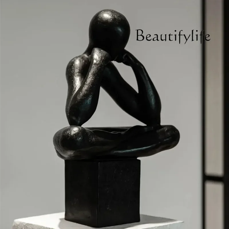 BJ Sculpture Study Living Room Entrance Creative Art Ornament Abstract Black And White Figure Meditation Thinker