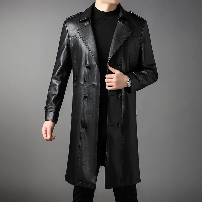 High Quality Knee-Length Men\'s Leather Overcoat for Autumn & Winter Double Breasted  Business Windbreaker Leather Coats PU-026