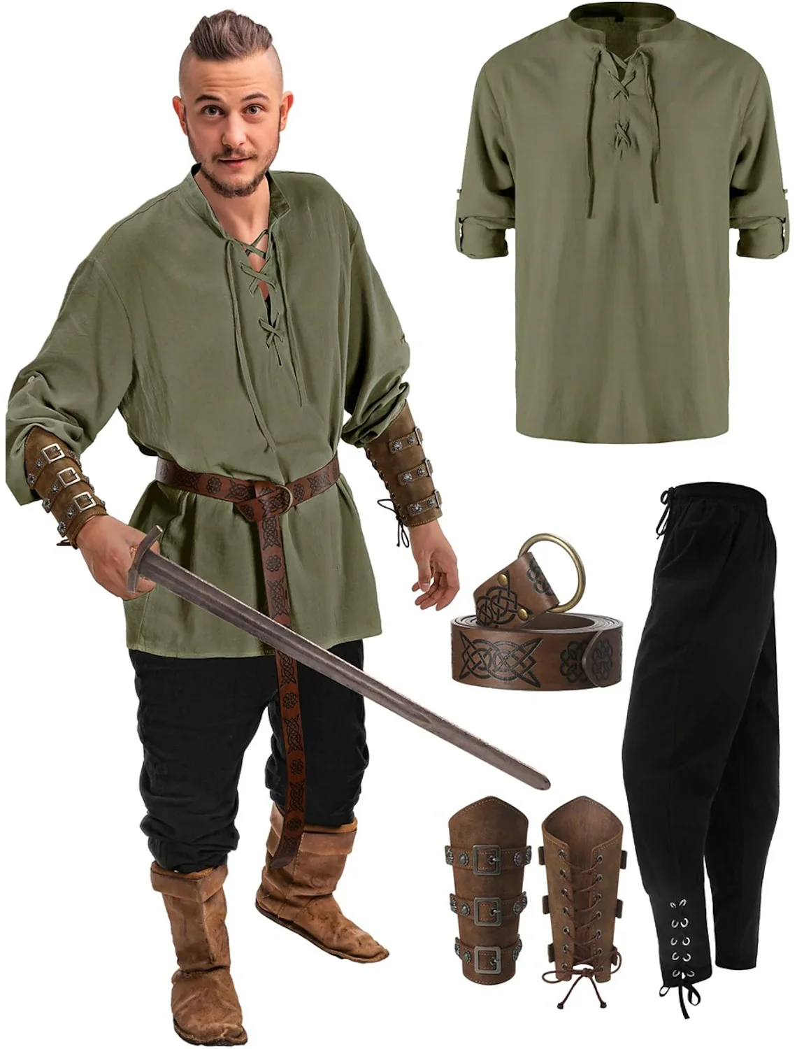 Ensemble de olympiques de la Renaissance pour hommes, chemise médiévale 7,5 ate, pantalon à bandes de rinçage, ceinture viking, accessoires d'Halloween, 4 pièces