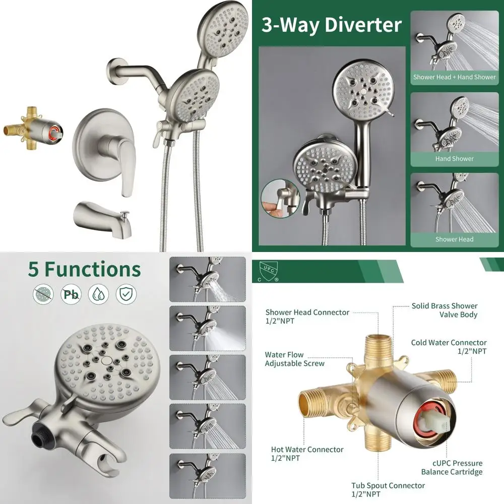 

Dual Shower Head and Handheld Combo Set with Tub Spout and Trim Kit, Brushed Nickel Finish, Complete Shower Faucet System