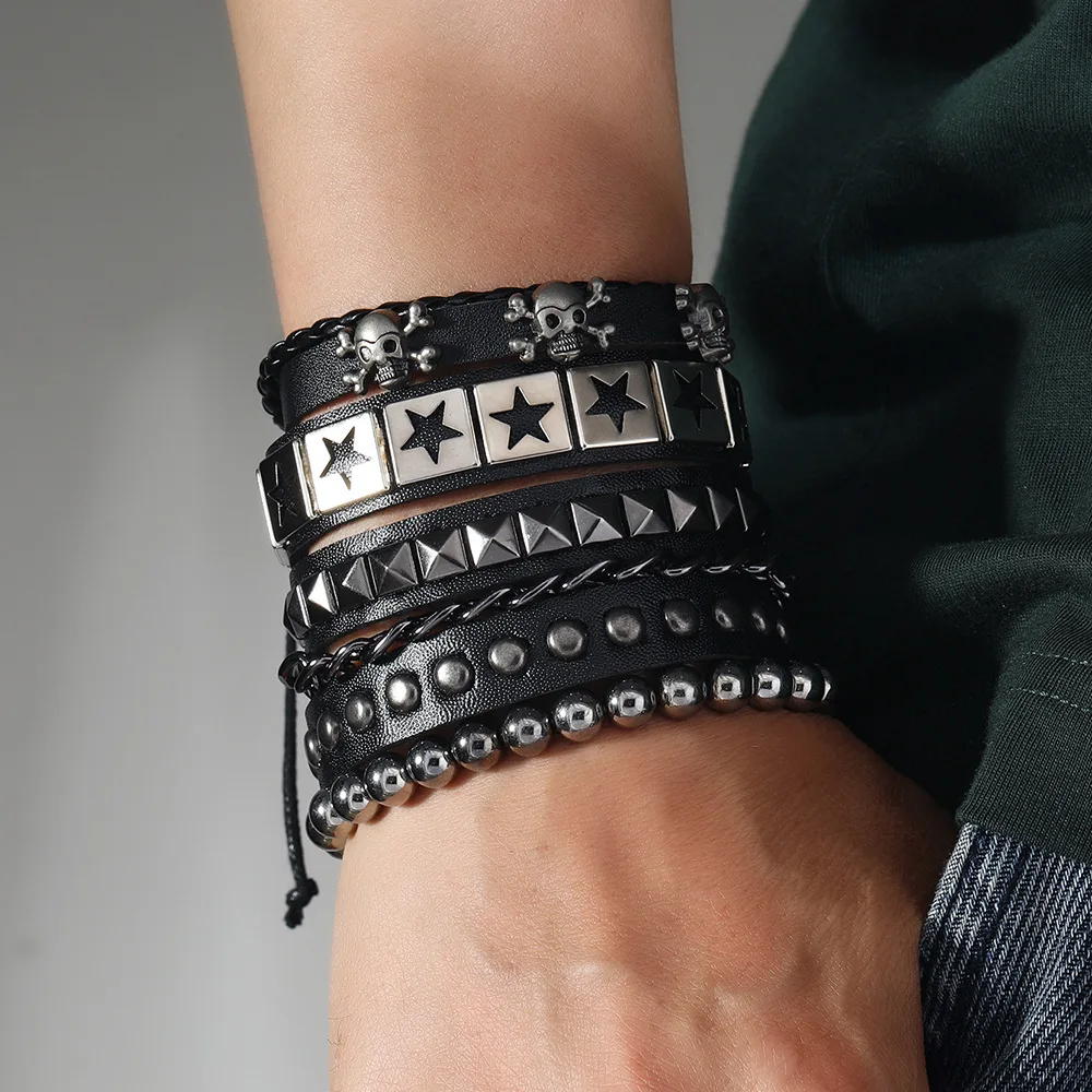 4-Piece Retro Style Skull Pentagram Bracelet Set - Handmade Multi-Layer Riveted Leather, Skull Bead Wristband