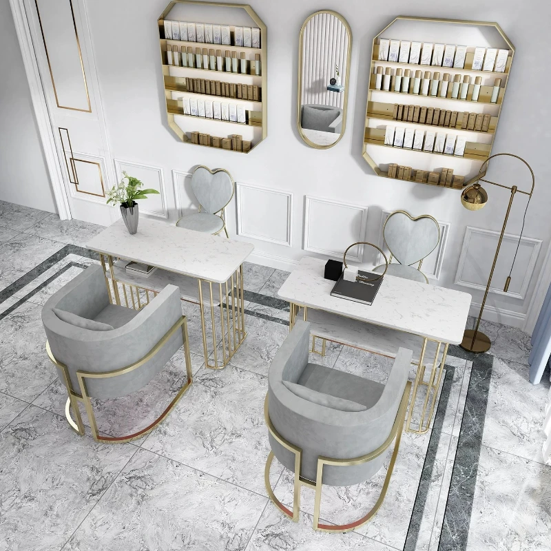 Nordic Wrought Iron Double-layer Marble Manicure Table Golden Metal Frame Single & Double Position Nail Salon Workstation