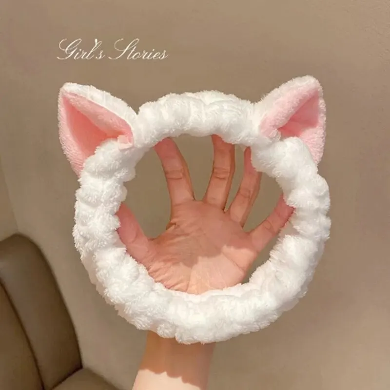 Diadema de gato Coral de felpa, diadema bonita y suave con lazo para el pelo, diadema para lavarse la cara, diadema de maquillaje, vendaje, accesorios para niña