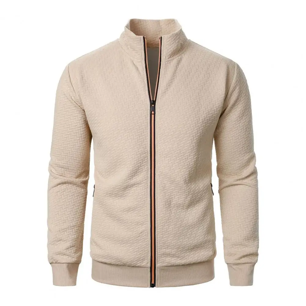 

Men Sweatshirt Jacket Jacquard Design Coat with Pockets Slim Fit Stand for Outwear