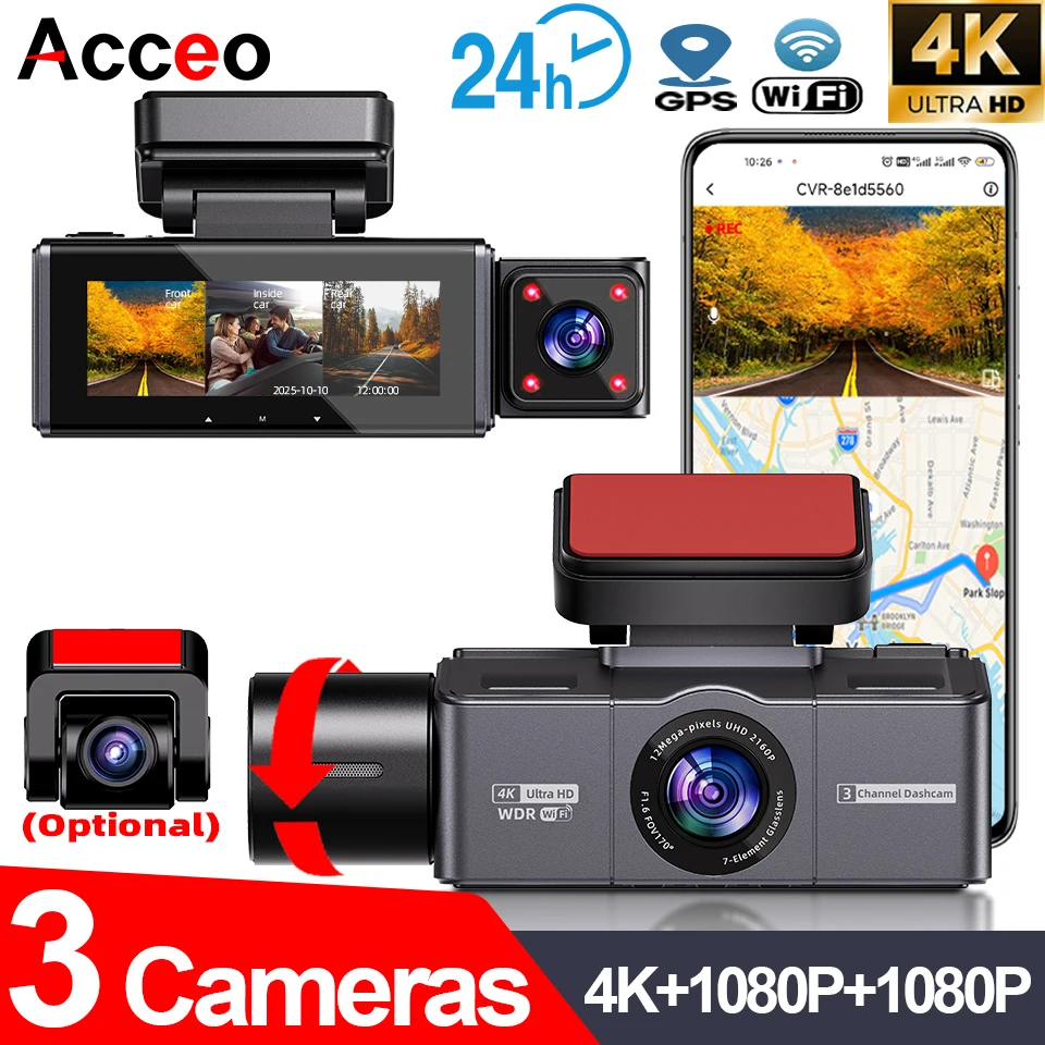 

Видеорегистратор Acceo 4K с двумя объективами и внутренней поддержкой 1080P Задняя камера Wi-Fi GPS ИК ночного видения 24 часа Режим парковки Черный ящик Рекордер