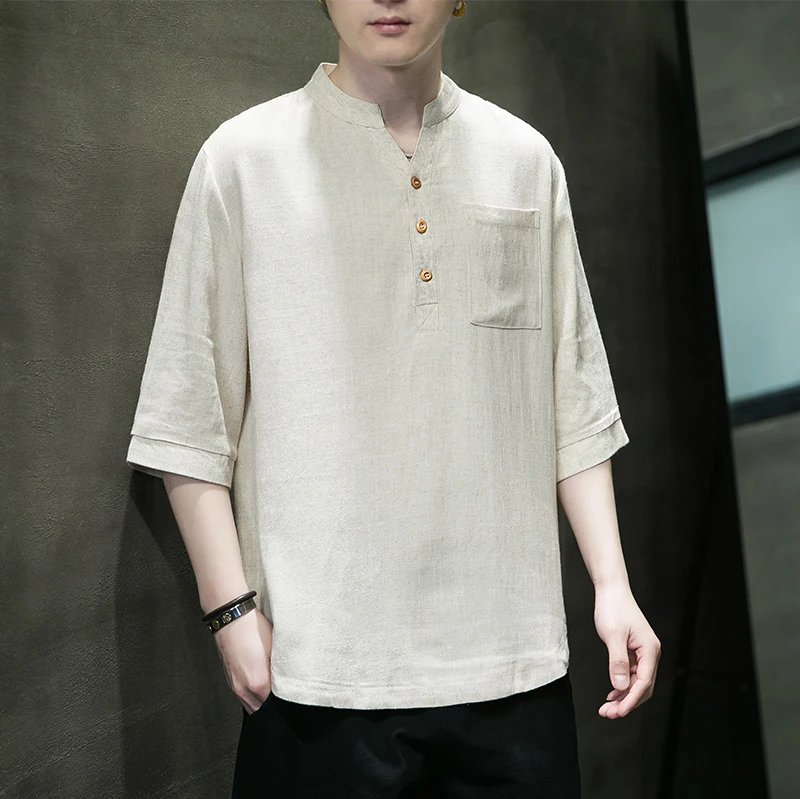 

Loose Fit Linen Cotton ort Sve T-irt Men's Summer Thin V-Ne f Sve Top Faionable Loose Body T-irt