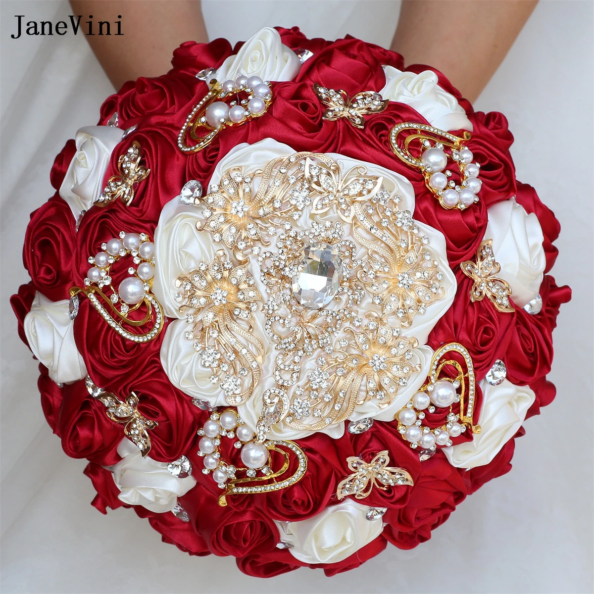 

JaneVini European Luxury Rhinestone Burgundy Ivory Bridal Bouquets Artificial Satin Roses Wedding Fake Bouquet Flower Customized