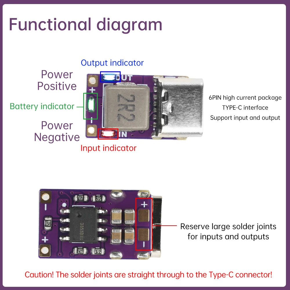 Mini Type-C 5V 2.4A แบตเตอรี่ลิเธียม Charge Discharge โมดูลอัจฉริยะ Boost Buck Conversion พร้อมไฟแสดงสถานะแบตเตอรี่ LED Light