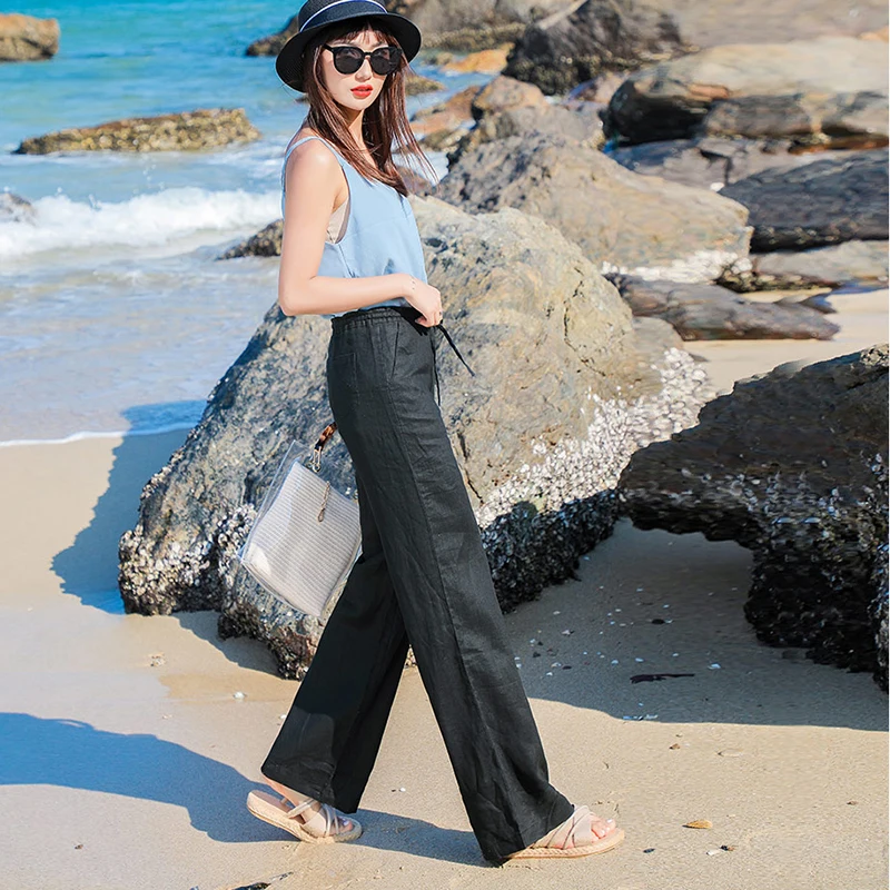 Beach Loose Straight Pants High Waist Women Black Boho Trousers New Korean Fashion Casual Cotton Linen Wide Leg White Spodnie