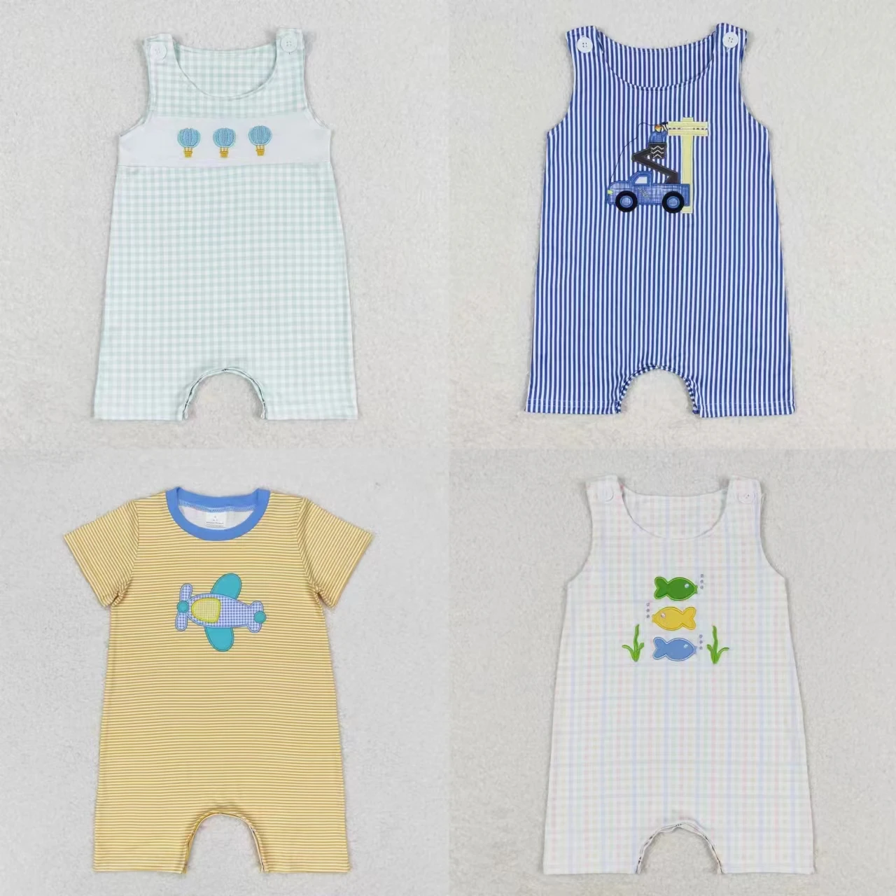 

Wholesale Newborn Embroidery Coverall Bodysuit Baby Boy Toddler Stripes Plaid Romper Kids Children Summer One-piece Jumpsuit