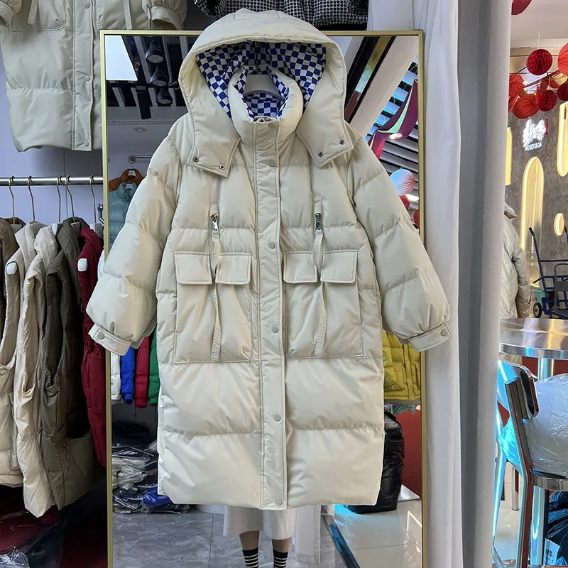 Chaqueta de plumón de pato blanco para mujer, ropa de calle coreana larga, suelta, gruesa, con capucha, abrigo cálido de plumón 2023