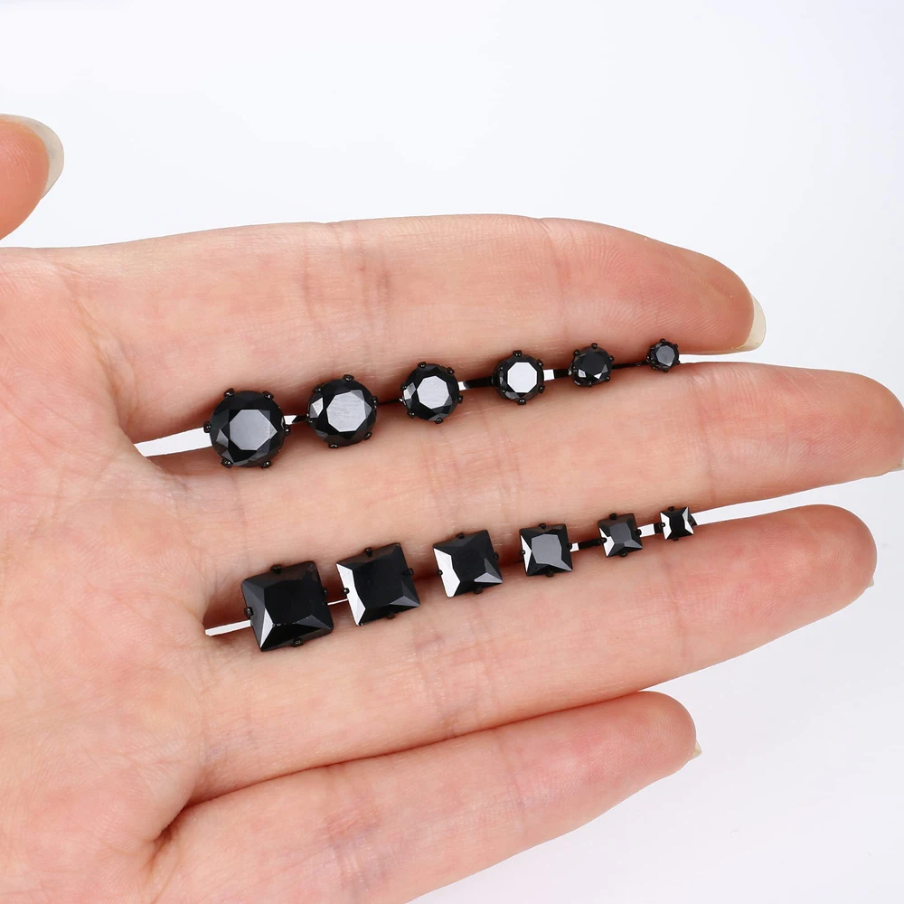 1 Pair Stainless Steel Black Round Square Cubic Zirconia Stud Earrings Set Punk Piercing Jewelry for Men Women 3-8mm