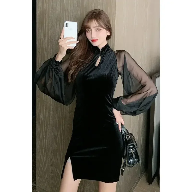 

Retro Style Sexy Velvet Cheongsam Dress Autumn New Tight Woman Dresses Vestido De Mujer Femme Robe