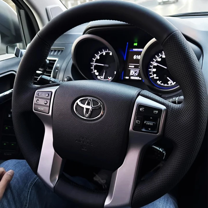 

Для Toyota Land Cruiser Prado Tundra Tacoma 2010-2017 DIY ручной работы нескользящий черный чехол на руль из натуральной кожи автомобиля