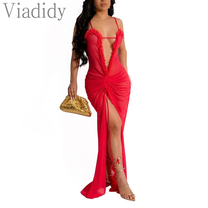 Vestido de malla transparente Irregular para mujer, vestido Sexy de un hombro con volantes fruncidos, decoración de ribete, Color sólido