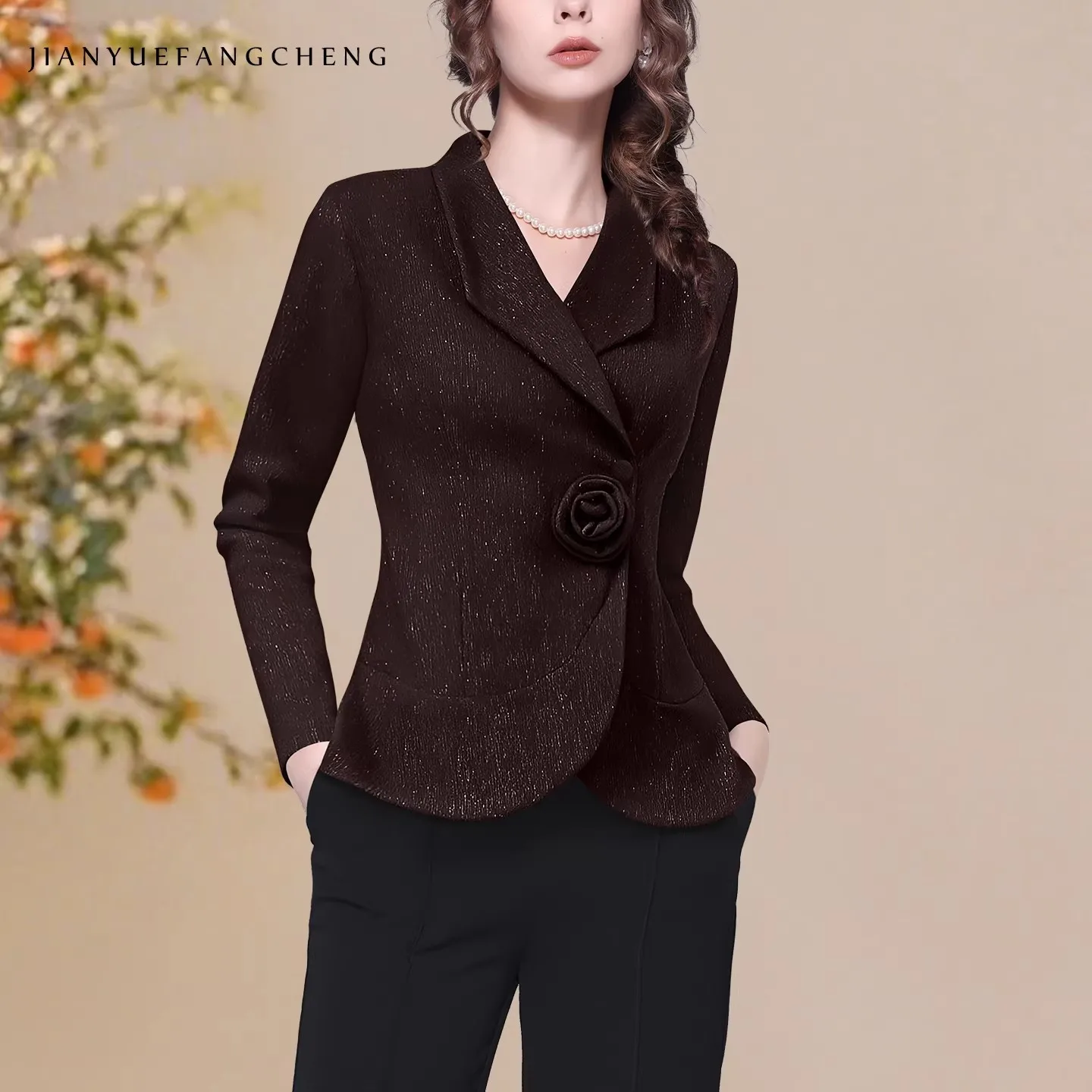 

Elegant Suit Collar Women' Work Office Long Sleeve Blazer Short Coat With Flower Deco Slim Fit Casual Blazers Jacket