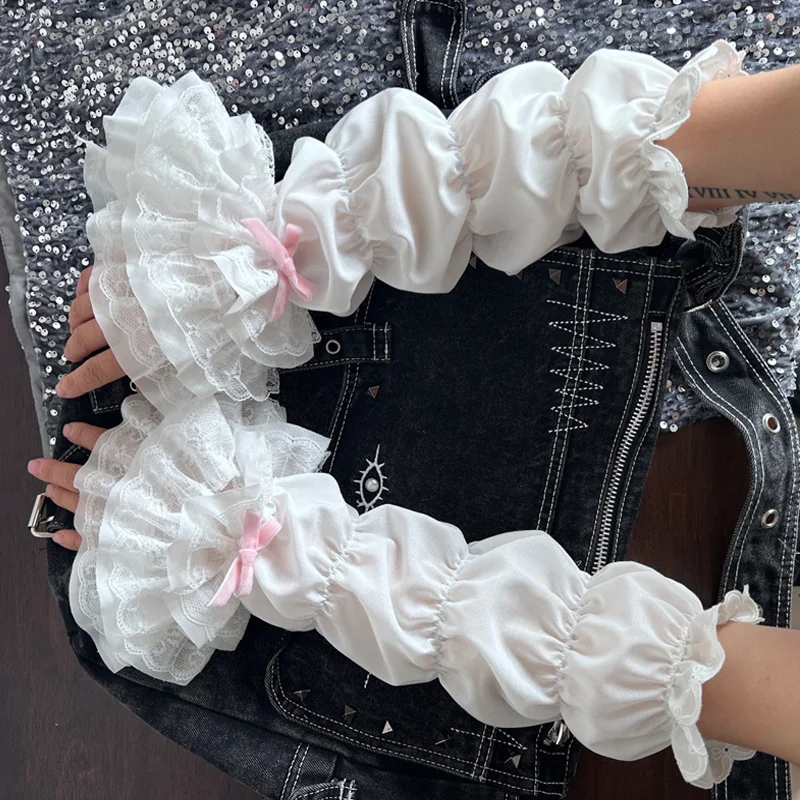 

Милые белые кружевные многослойные рукава для девочек, съемные перчатки, эластичный браслет с рюшами и цветочным принтом, свадебные манжеты для свадебной вечеринки