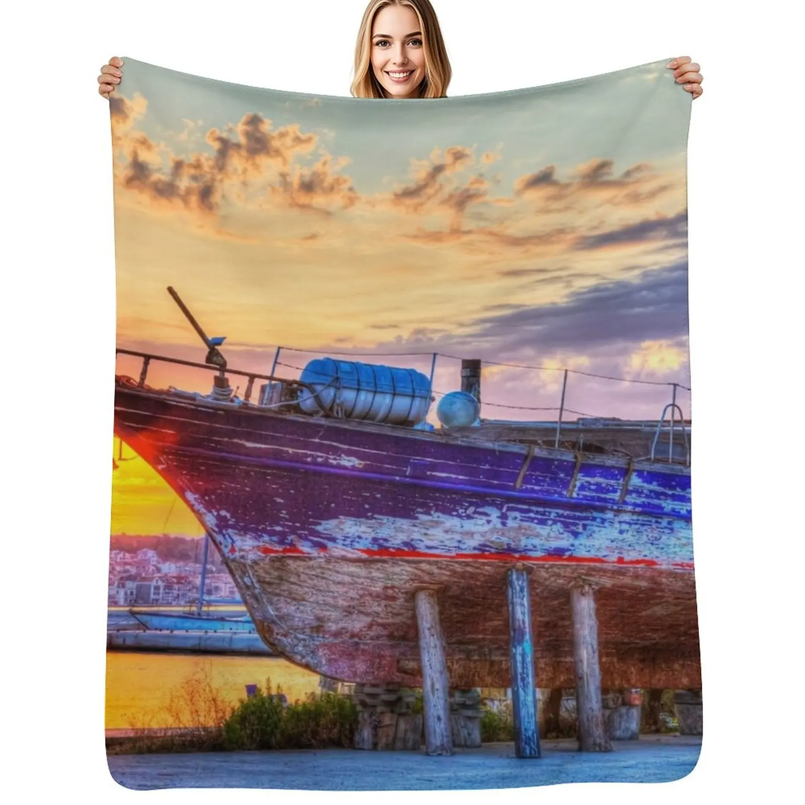 

Kefalonia, Greek Shipyard Sunset Throw Blanket Furrys Blankets Sofas Of Decoration for babies manga Blankets