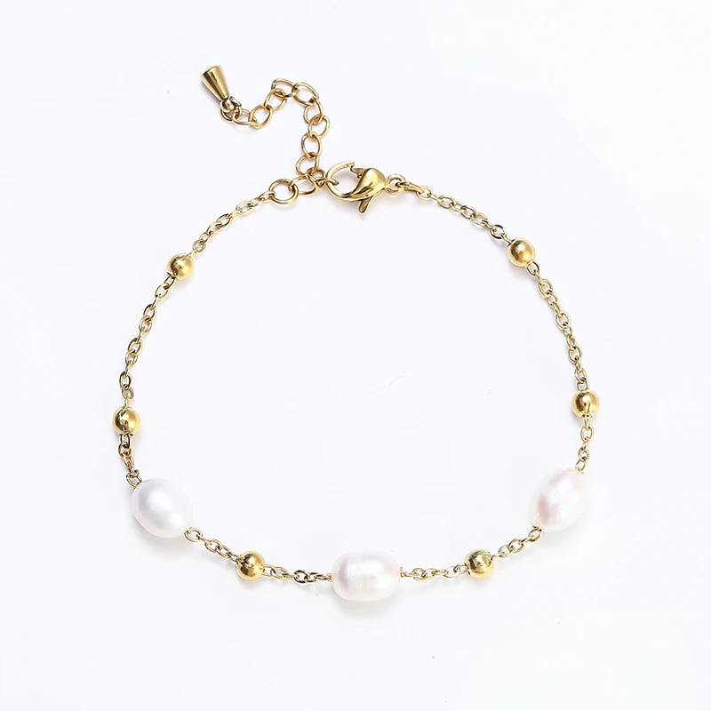 HuPo.HuTu. New Charm Jewelry Women\' Gift Freshwater Pearl Chain Waterproof 18K Gold Plated Bead Wrapped Stainless Steel Bracelet