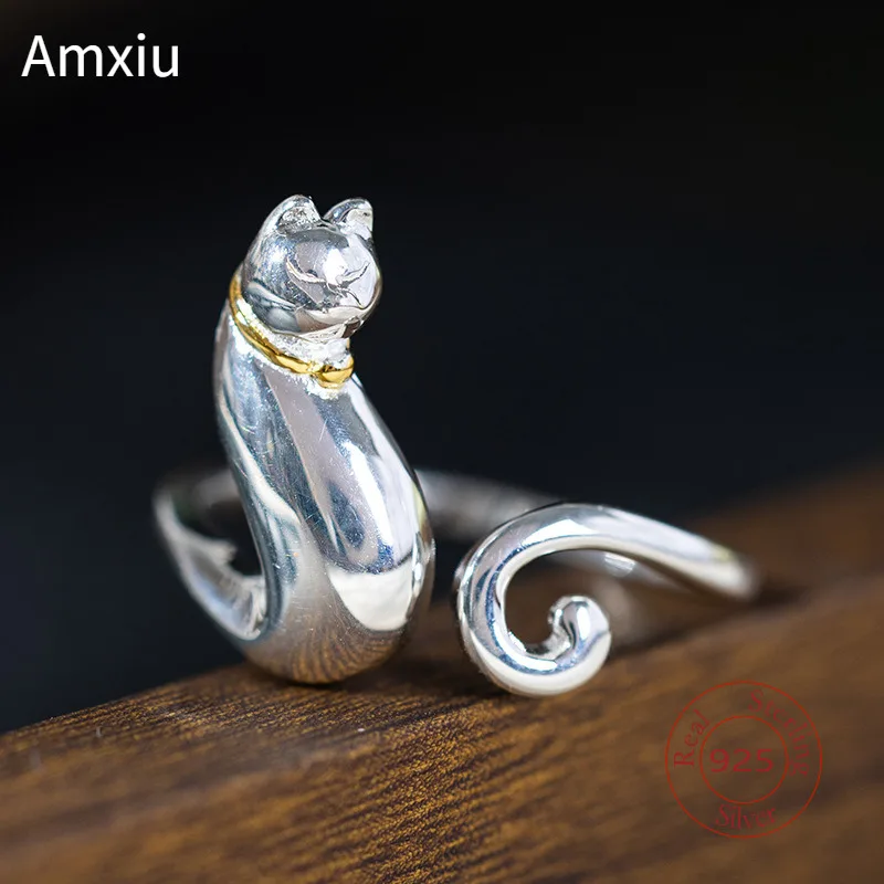 Amxiu sterling silver 925 handmade and simple cat ring for girl fashionable cat ring lively hand accessory for party or birthday